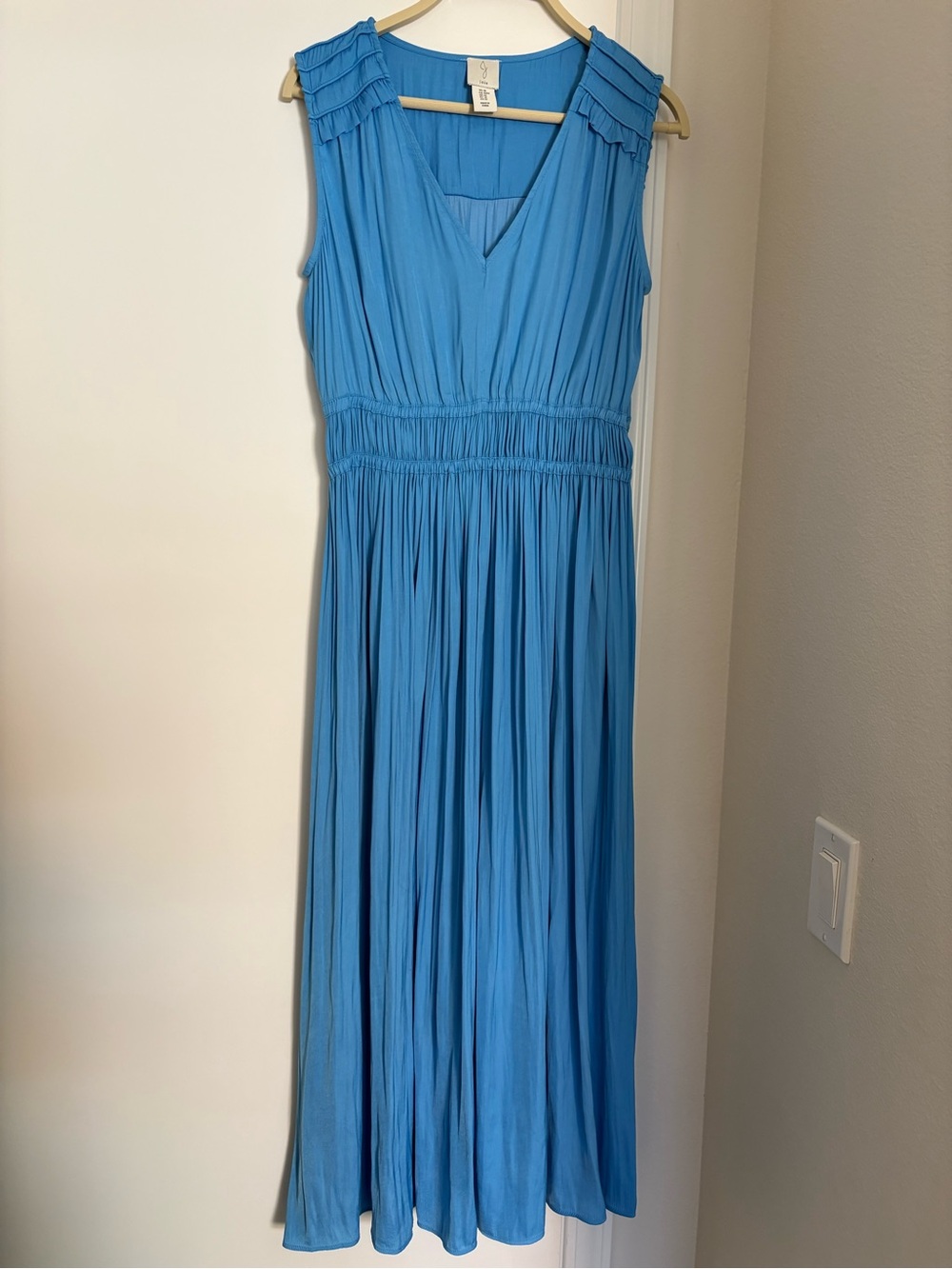 Joie Sky Blue Pleated Maxi Dress with Smocked Waist